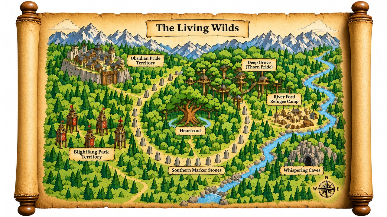 Map of the Living Wilds, Book One locations centered on the Heartroot